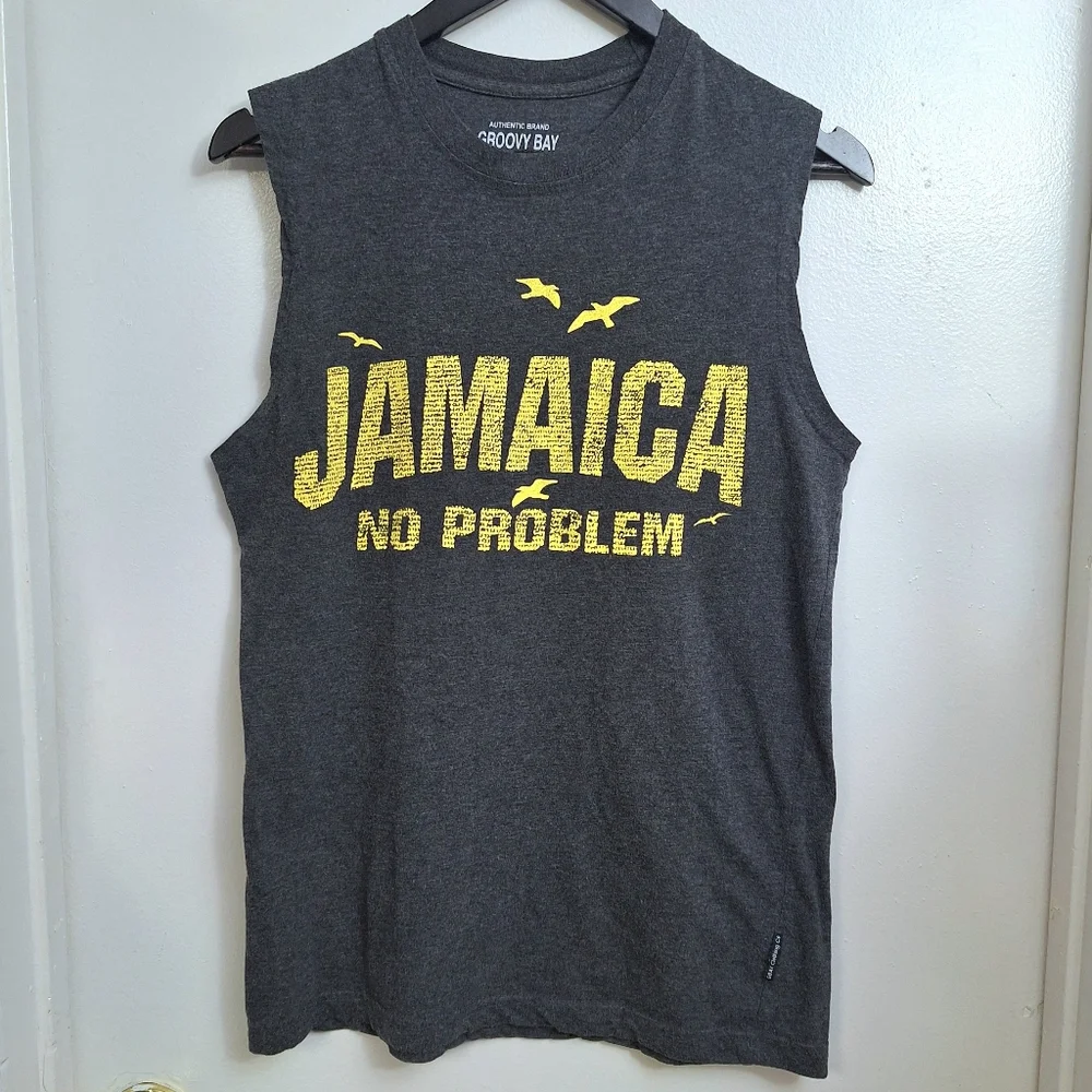 GROOVY BAY Mens Sporty Gym Tank Top Soft Comfy Gray Yellow Jamaica No Problem 62 - Picture 10 of 10
